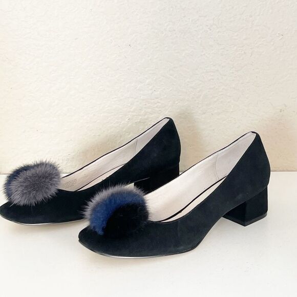 Bettye Muller Black and Blue Fur Accent Heels 8 - Picture 9 of 13